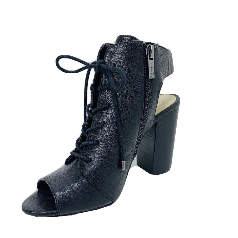 Jessica Simpson Leather Open Toe Gladiator Booties Heels Lace Up Sz 6 Black